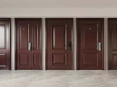Various Dark Brown Security Doors With Panel Designs Handles And Locks 3d model