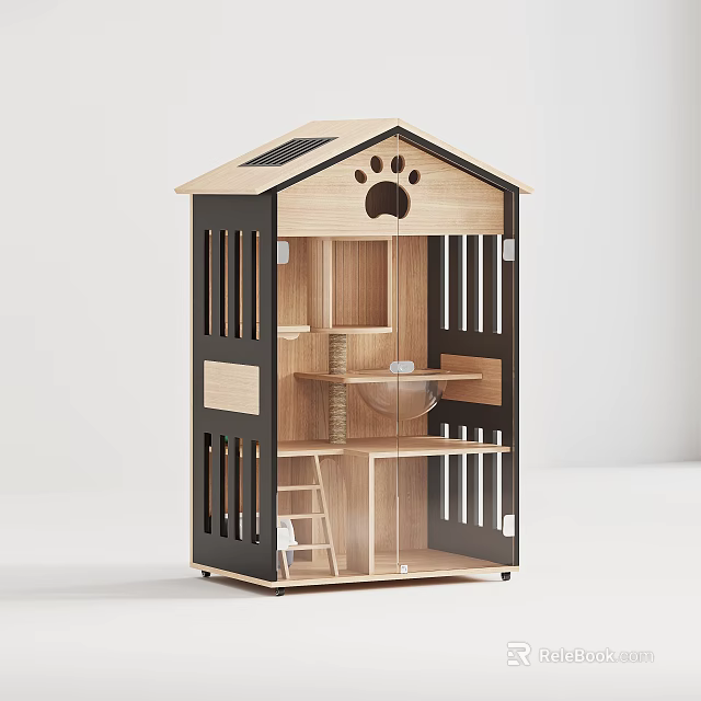 Wooden Pet House Cabinet with Paw Print Roof Transparent Door Multiple Shelves and Ladder 3d model 