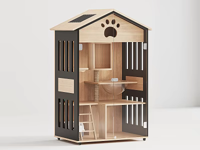 Wooden Pet House Cabinet with Paw Print Roof Transparent Door Multiple Shelves and Ladder 3d model