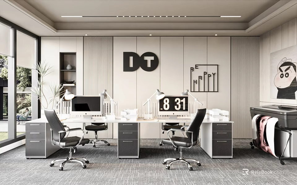 Modern IT Office Interior With Workstations Clock Gray Walls Bookshelf And Green Plants 3d model 