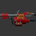 Red And Orange Mechanical Weapon With Metal Nozzle Fuel Tank And Black Hose