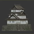 Traditional Japanese Castle Model With Multi Tiered Roof And Stone Base
