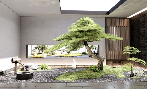 New Chinese style landscape sketch Zen landscape courtyard sketch cypress pine stone landscape stone dry landscape gardening indoor landscape plant landscape fern 3d model