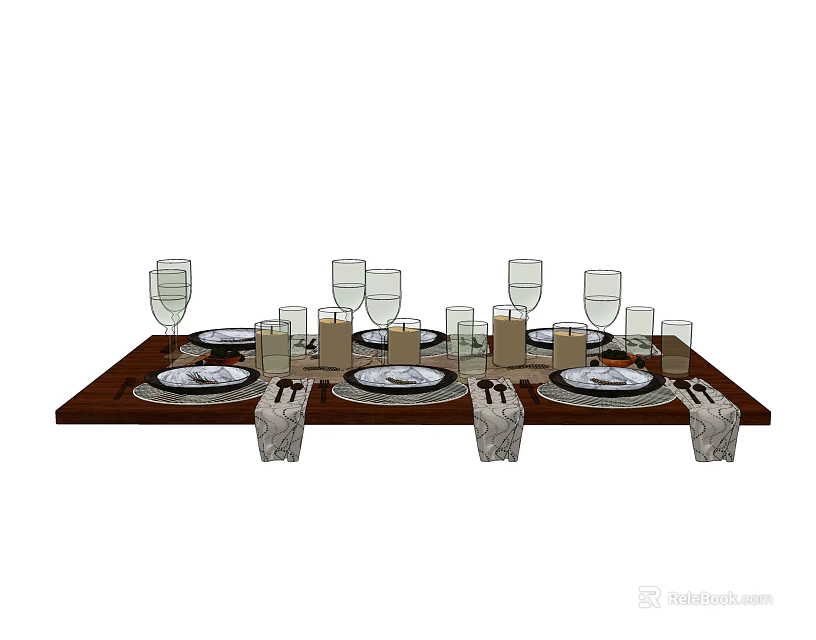 Elegant Dinnerware Set with Plates Glassware Cutlery on Brown Dining Table 3d model 