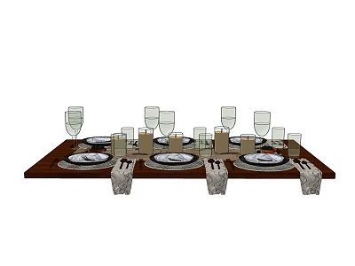Elegant Dinnerware Set with Plates Glassware Cutlery on Brown Dining Table 3d model