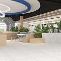 Modern Dining Hall Interior With Round Tables Chairs Central Column Ceiling Design And Plants 3d model