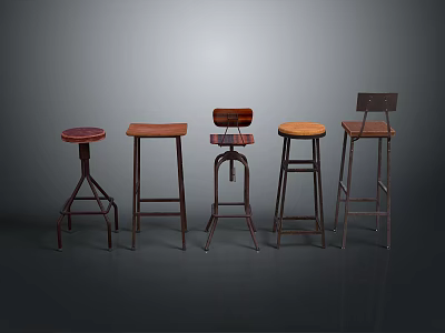 Various Bar Stools With Different Designs Wooden Seats And Metal Frames 3d model