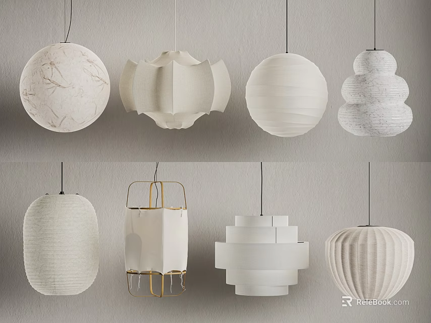 Modern White Pendant Lights With Various Shapes And Textured Designs For Interior Decor 3d model 
