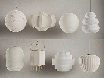 Modern White Pendant Lights With Various Shapes And Textured Designs For Interior Decor 3d model