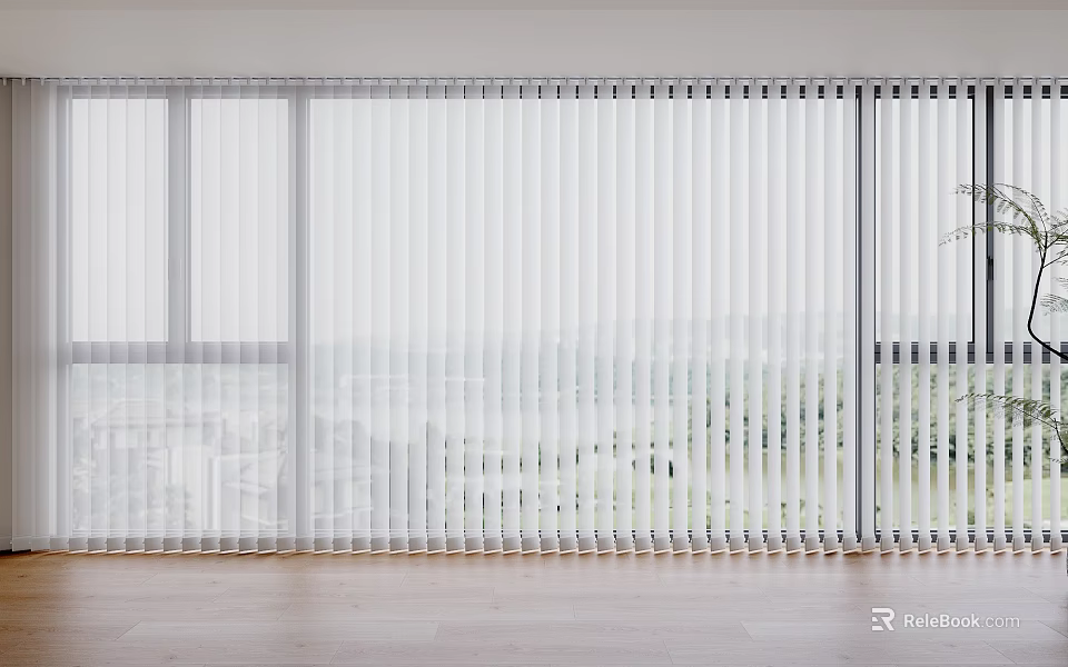 White Window Blinds Covering Large Windows With Scenic Outdoor View And Light Wooden Floor Interior 3d model 