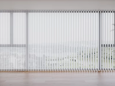 White Window Blinds Covering Large Windows With Scenic Outdoor View And Light Wooden Floor Interior 3d model