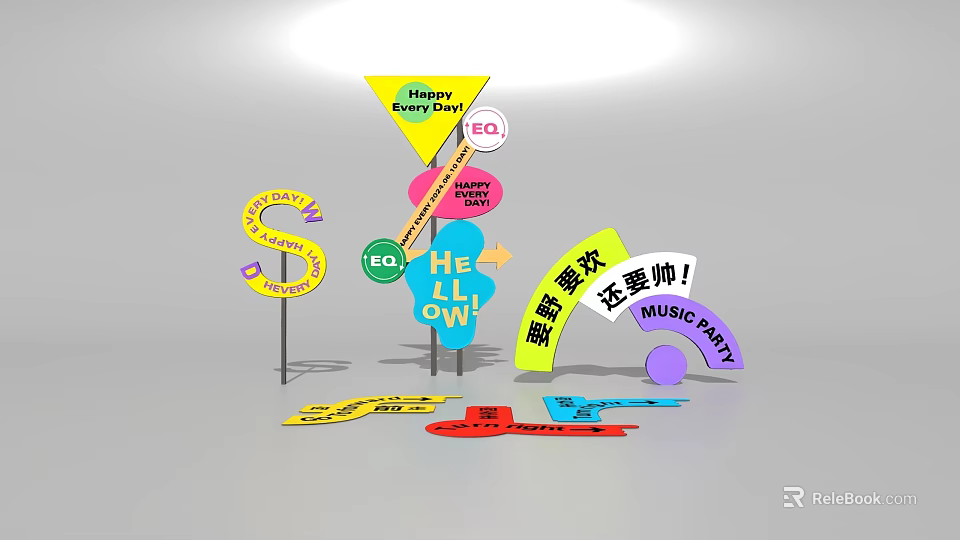 Colorful Photo Check in Spot With Hello Sign Music Party Banner And Happy Moment Signs 3d model 