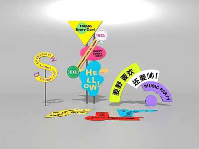 Colorful Photo Check in Spot With Hello Sign Music Party Banner And Happy Moment Signs 3d model