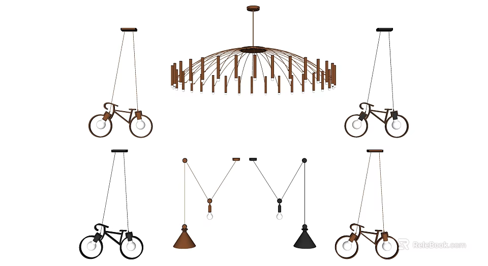 Creative Multi Rod Chandeliers And Bicycle Shaped Pendant Lights With Unique Hanging Designs 3d model 