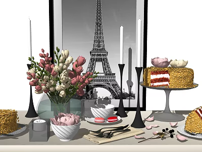 Elegant Decorative Ornament Set With Eiffel Tower Painting Flower Bouquet Candles And Cake Decorations 3d model