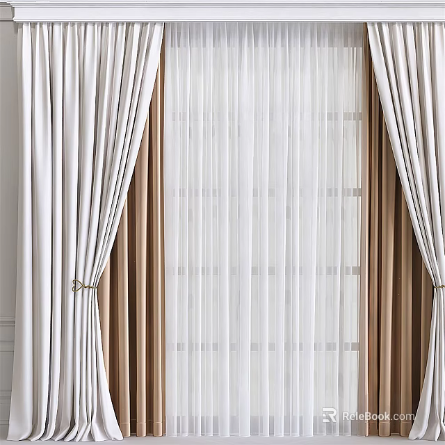Elegant Layered Curtains With Sheer Panels And Neutral Pleated Design For Windows 3d model 