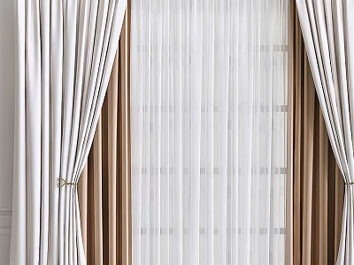 Elegant Layered Curtains With Sheer Panels And Neutral Pleated Design For Windows 3d model