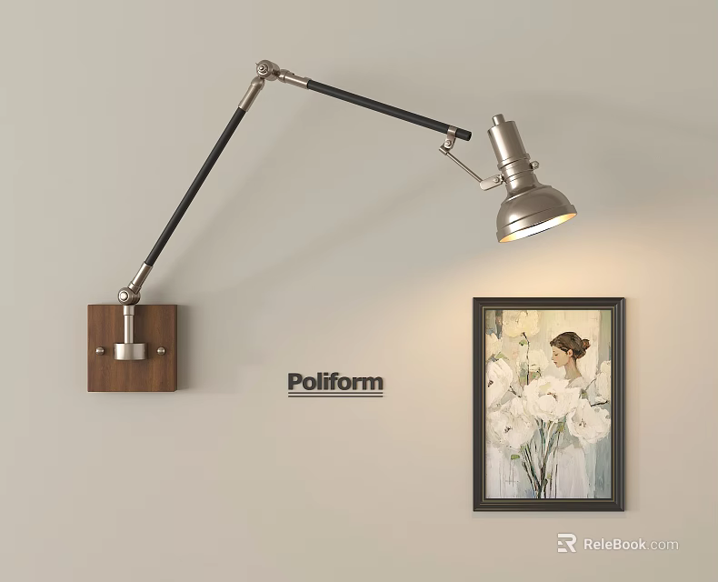 Modern Industrial Wall Lamp Featuring Wooden Base Adjustable Metal Arm And Artwork 3d model 