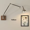 Modern Industrial Wall Lamp Featuring Wooden Base Adjustable Metal Arm And Artwork