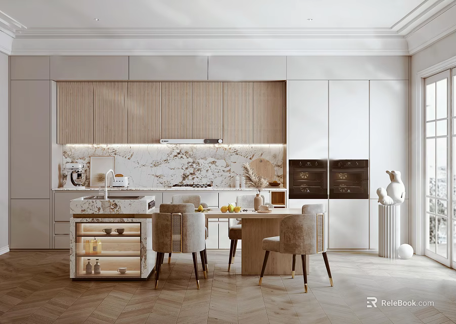 Modern Kitchen Interior Design With White Cabinets Marble Island And Dining Chairs 3d model 