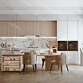 Modern Kitchen Interior Design With White Cabinets Marble Island And Dining Chairs