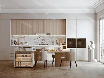 Modern Kitchen Interior Design With White Cabinets Marble Island And Dining Chairs 3d model