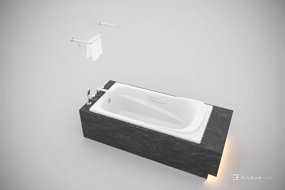 White Bathtub with Black Marble Base and Towel Rack in Modern Bathroom Interior 3d model 