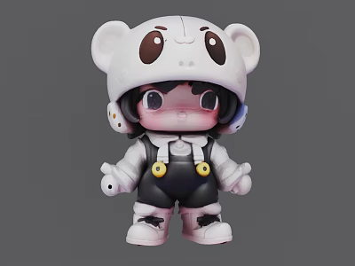 Cute Doll With Panda Ear Hat Big Eyes And Black White Overalls Design 3d model