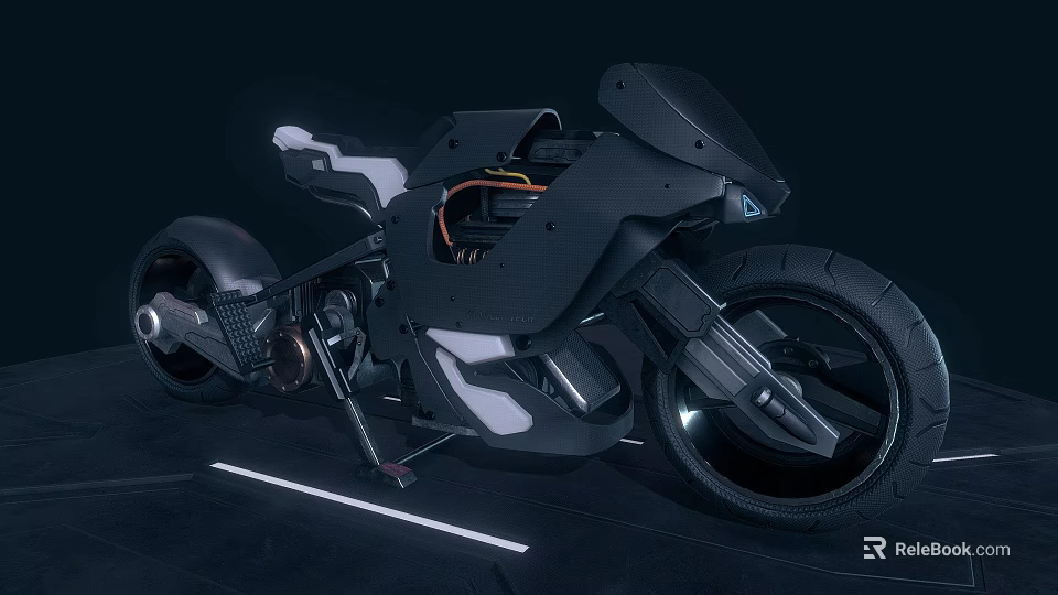 Futuristic Electric Motorcycle with Sleek Black Body White Seat LED Lights and Modern Concept Design 3d model 