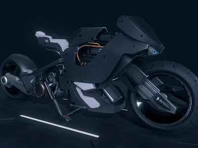Futuristic Electric Motorcycle with Sleek Black Body White Seat LED Lights and Modern Concept Design 3d model
