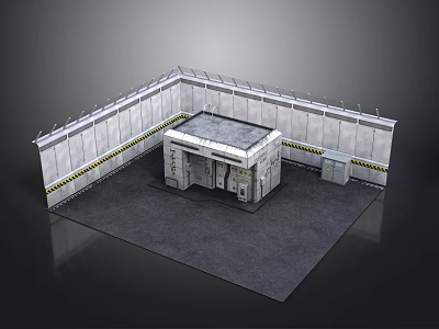 High Security Gate With Concrete Walls Spiked Top And Yellow Black Warning Tape 3d model