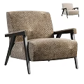 Modern Beige Accent Chair With Textured Fabric Wooden Armrests And Dark Legs