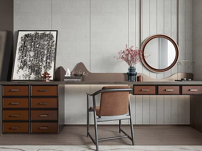 Modern Stylish Dressing Table With Round Mirror Vase Flowers And Artwork 3d model