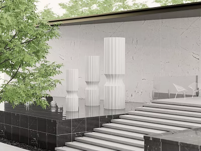 White Cylindrical Textured Sculptures Against Gray Wall With Green Trees Black Platform And Steps 3d model