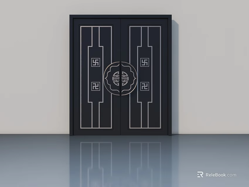 Stylish Black Swing Door With White Symmetrical Geometric Patterns In Modern Interior Design 3d model