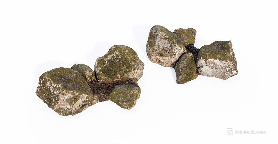 Natural Stone and Wood Decorative Arrangement With Mossy Rocks and Wooden Elements 3d model 