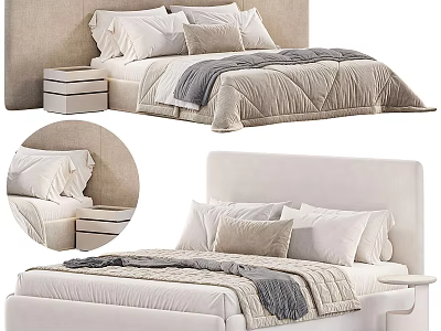 Modern Double Bed With Upholstered Headboard Neutral Bedding Decorative Pillows And Nightstand 3d model