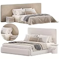 Modern Double Bed With Upholstered Headboard Neutral Bedding Decorative Pillows And Nightstand