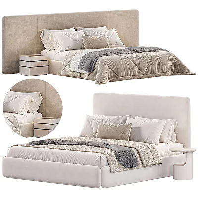Modern Double Bed With Upholstered Headboard Neutral Bedding Decorative Pillows And Nightstand 3d model