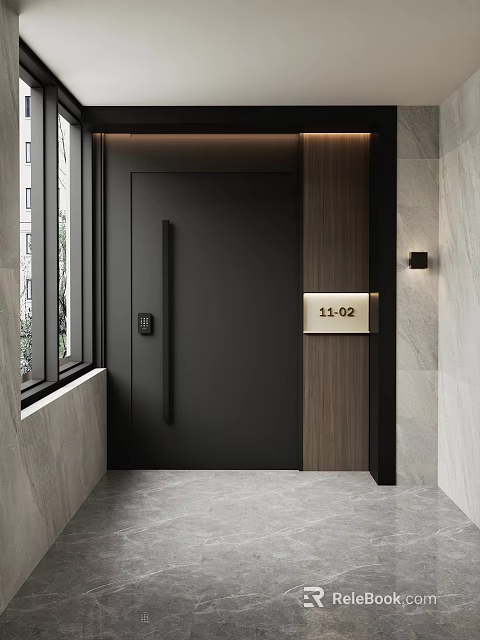 Modern Entryway Hallway With Black Door Wooden Panels Stone Walls And Wall Sconce 3d model 