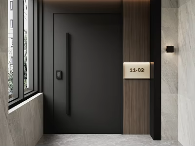Modern Entryway Hallway With Black Door Wooden Panels Stone Walls And Wall Sconce 3d model
