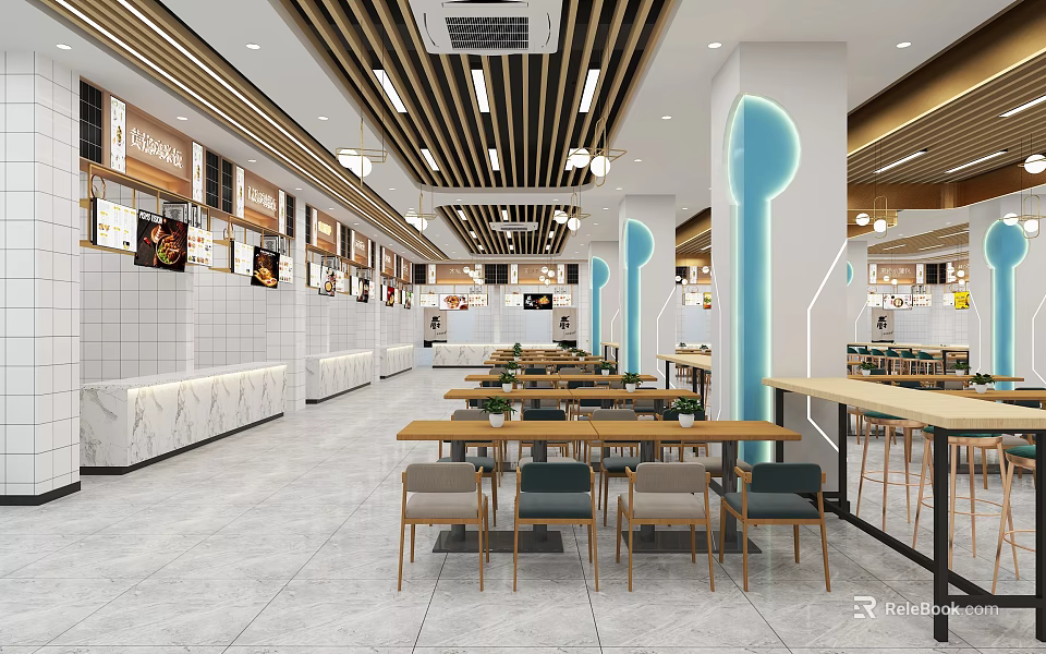 Modern Restaurant Interior With Dining Tables Chairs Marble Counters Wooden Ceiling And Blue Illuminated Columns 3d model 