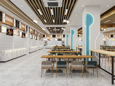Modern Restaurant Interior With Dining Tables Chairs Marble Counters Wooden Ceiling And Blue Illuminated Columns 3d model