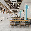 Modern Restaurant Interior With Dining Tables Chairs Marble Counters Wooden Ceiling And Blue Illuminated Columns