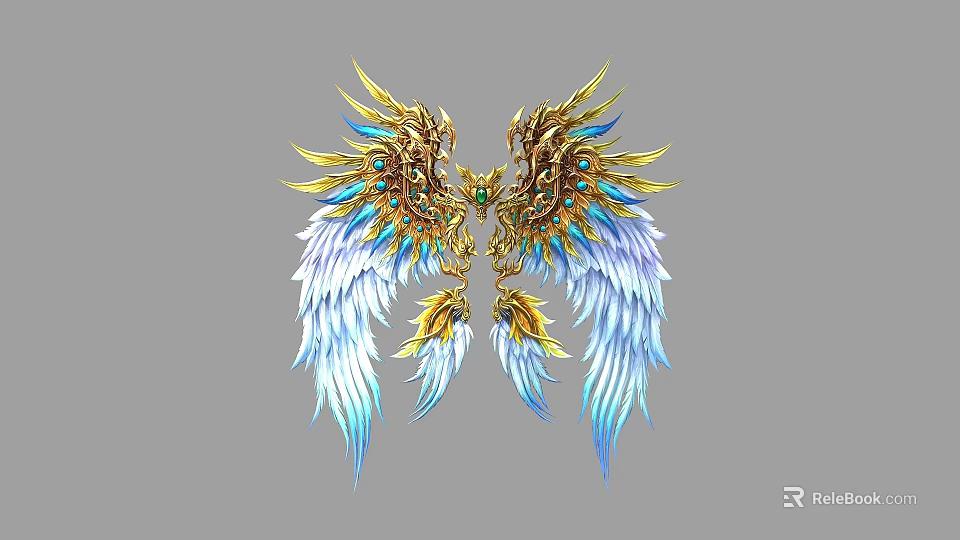 Game and Movie Character With Golden Blue Feathers Ornate Decorated Gemstone Accented Wings 3d model 