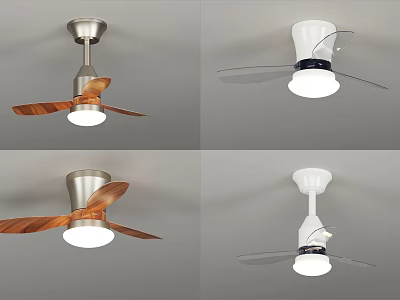 Modern Ceiling Fans With Silver White Bases Wooden Transparent Blades And Lights 3d model