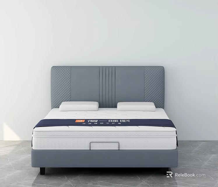 Double Bed With Grey Upholstered Headboard And Comfortable Mattress In Modern Design 3d model 