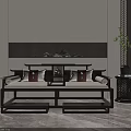 Traditional Chinese Two Seater Sofa With Wooden Frame Red Cushions And Landscape Painting Backdrop