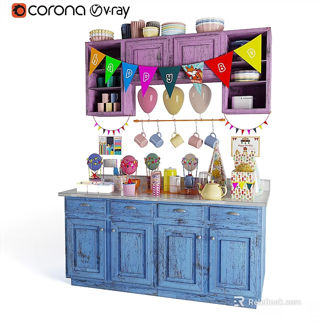 Colorful Kitchen Display With Purple Upper Blue Lower Cabinets Balloons Bunting Flags And Kitchenware 3d model 