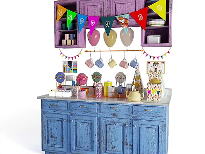 Colorful Kitchen Display With Purple Upper Blue Lower Cabinets Balloons Bunting Flags And Kitchenware 3d model